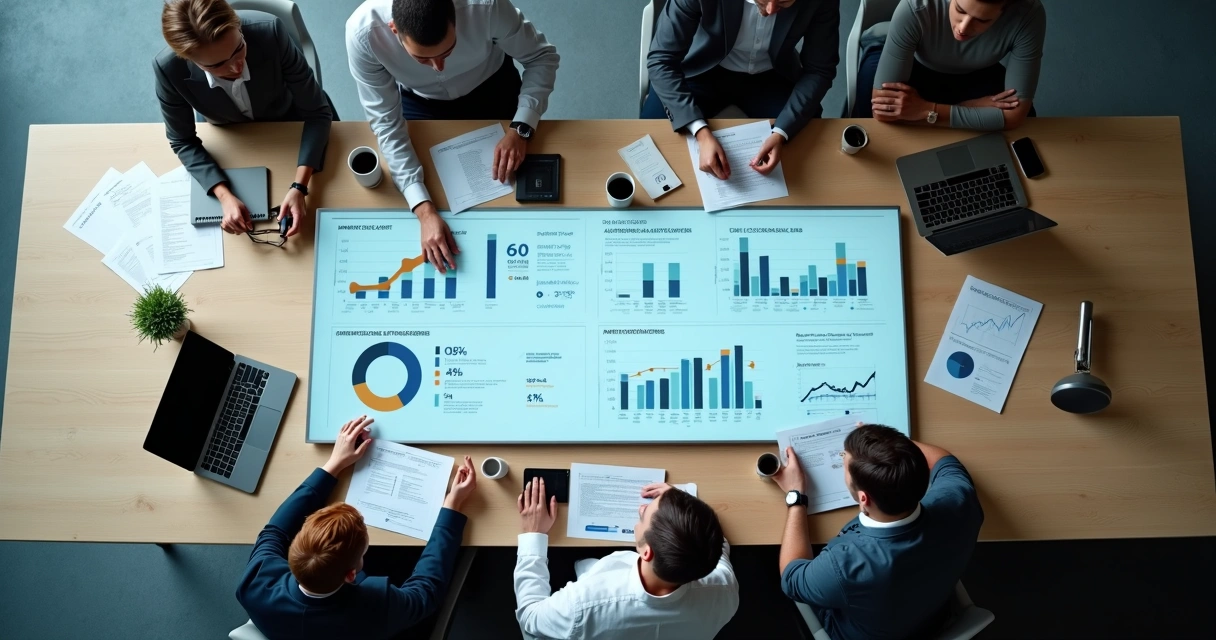 Painel com gráficos de KPIs de parceria sendo analisados por equipe de negócios