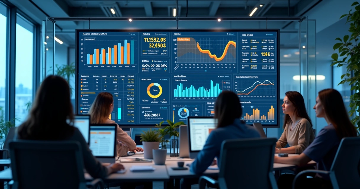 Painel digital mostrando KPIs de help desk de TI em gráficos coloridos 
