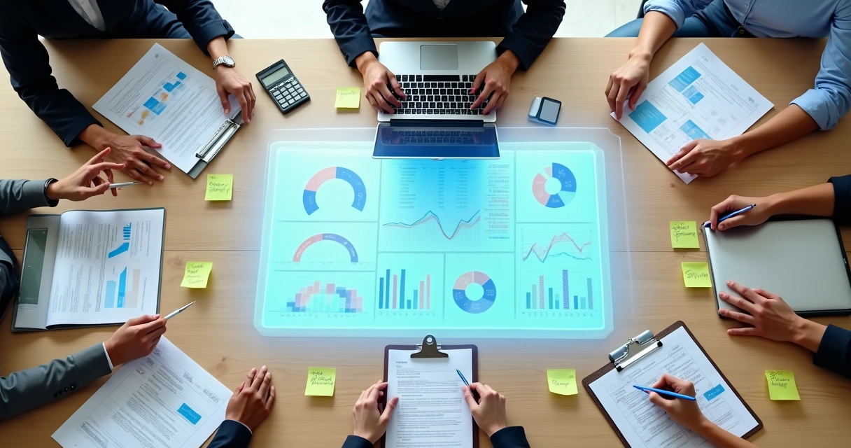 Painel de KPIs colorido projetado sobre mesa de trabalho com materiais de treinamento corporativo 