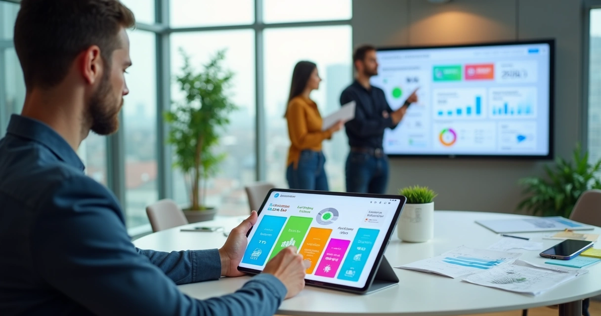 Gestora segura tablet com painel de KPIs coloridos de app low-code 