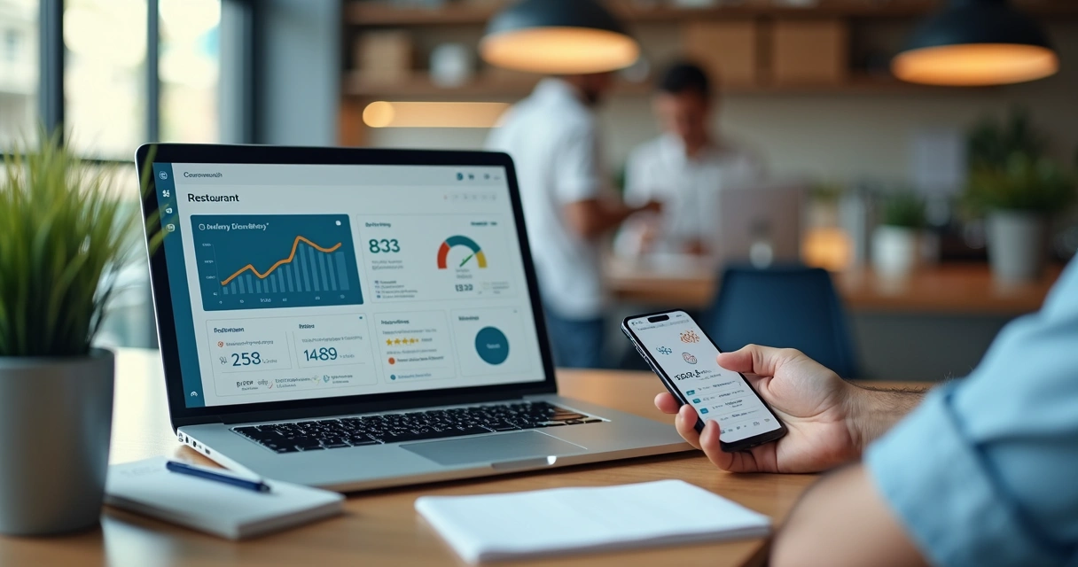 Painel com métricas de delivery em notebook e celular 