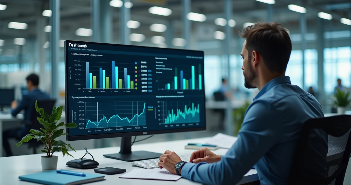 Painel com gráficos de vendas, estoque e finanças em escritório industrial 