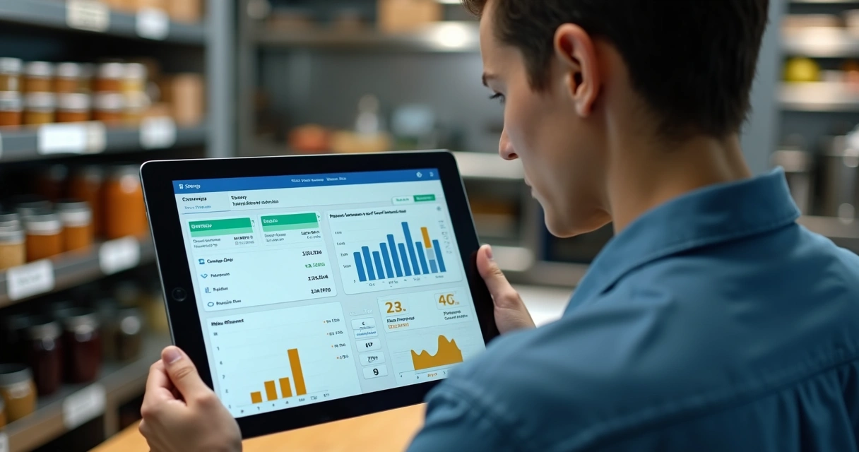 Painel com KPIs de estoque em cozinha profissional