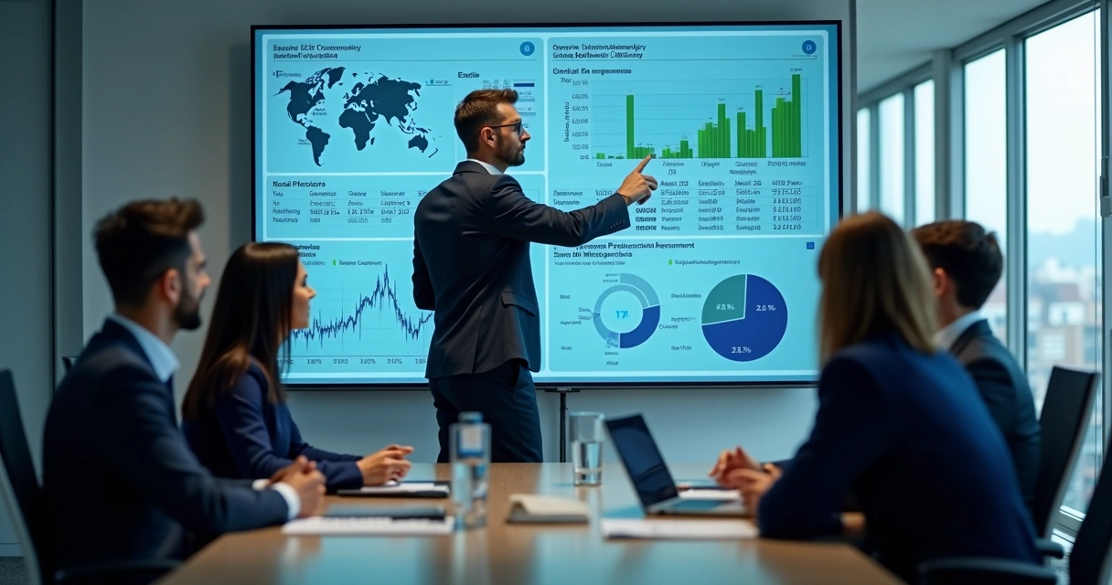 Painel digital com KPIs de vendas finanças e processos 