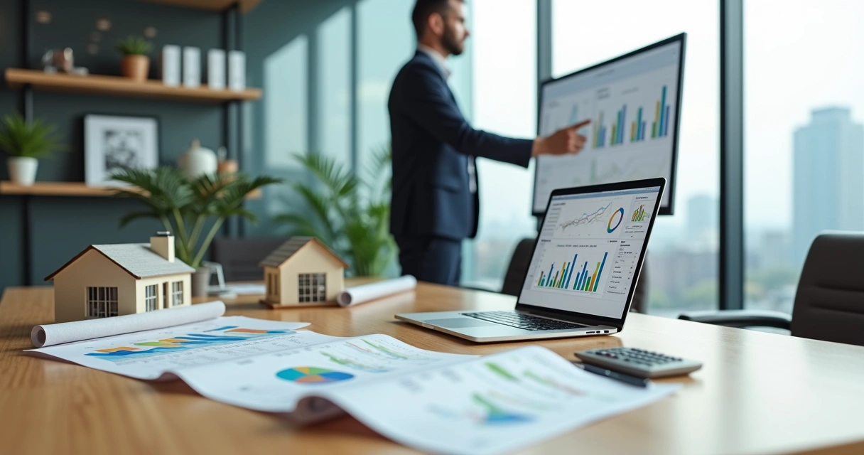 Gestor de imobiliária analisando painel de KPIs de vendas e locação em mesa com plantas e miniaturas de imóveis 