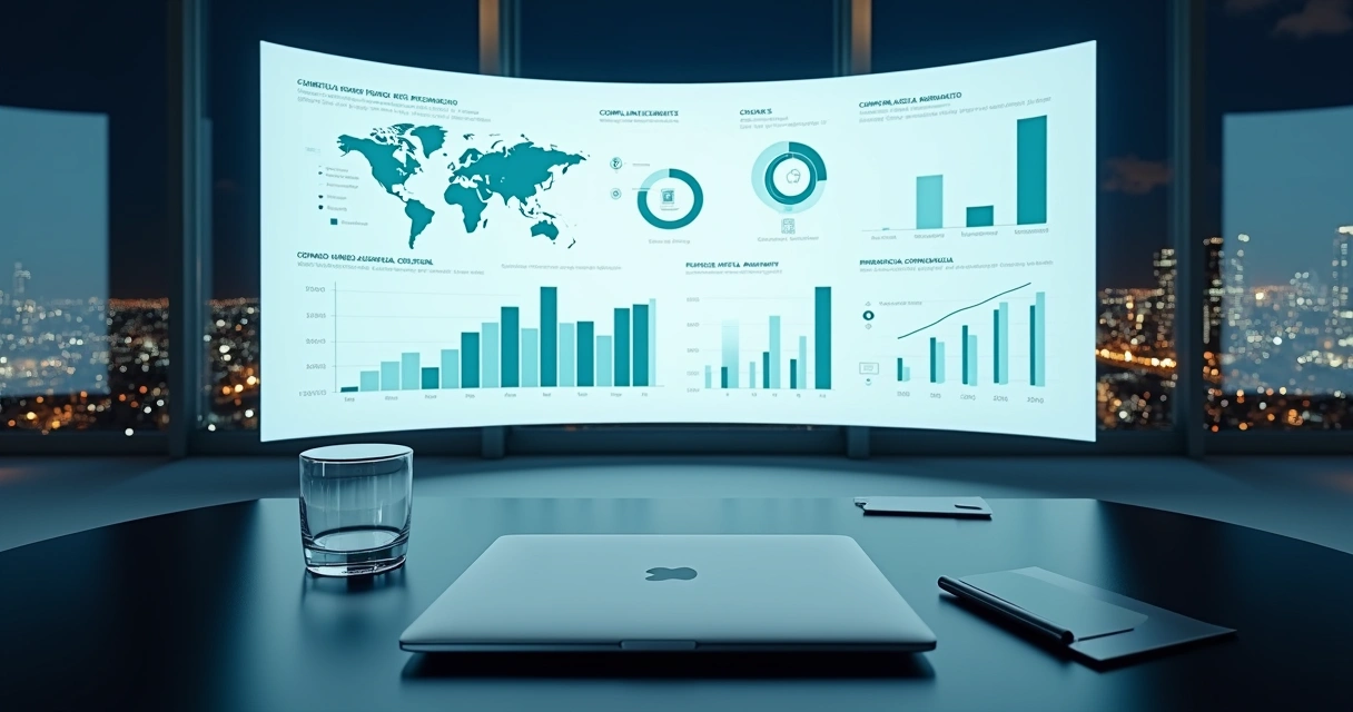 Dashboard com KPIs jurídicos de startup exibido em parede curva futurista 