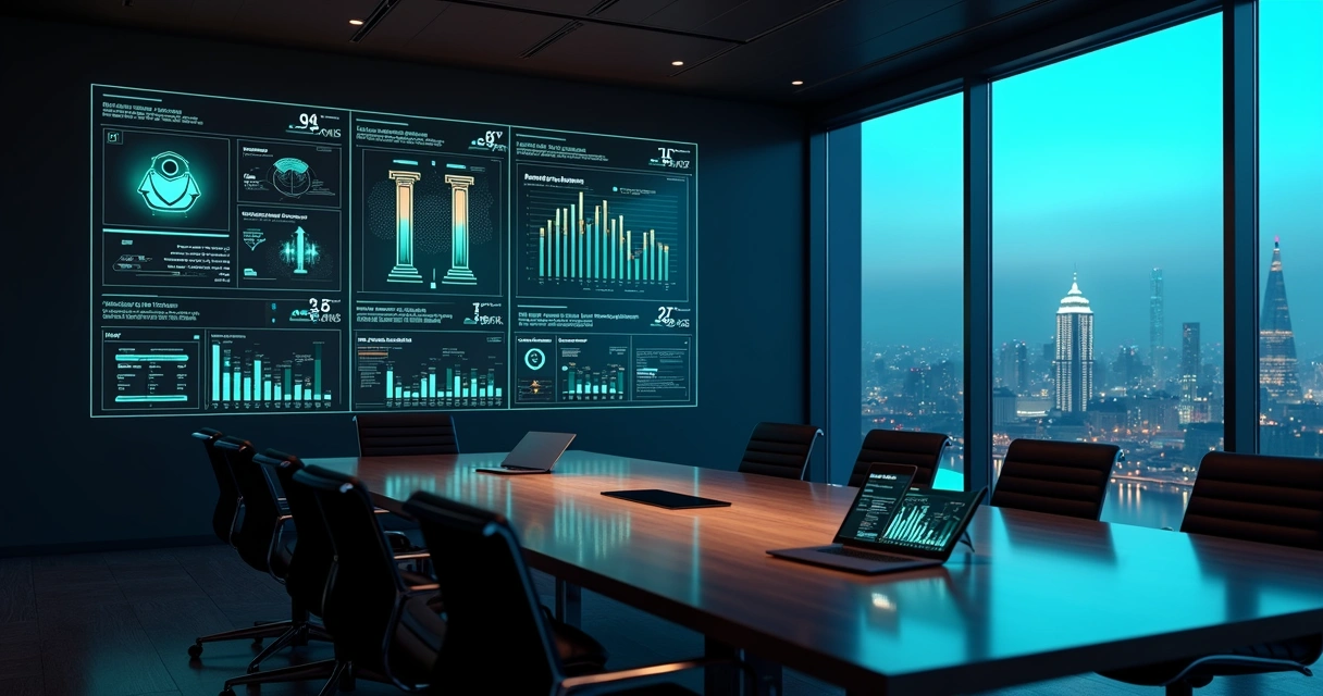 Sala de conselho de tecnologia com painel digital exibindo KPIs jurídicos 