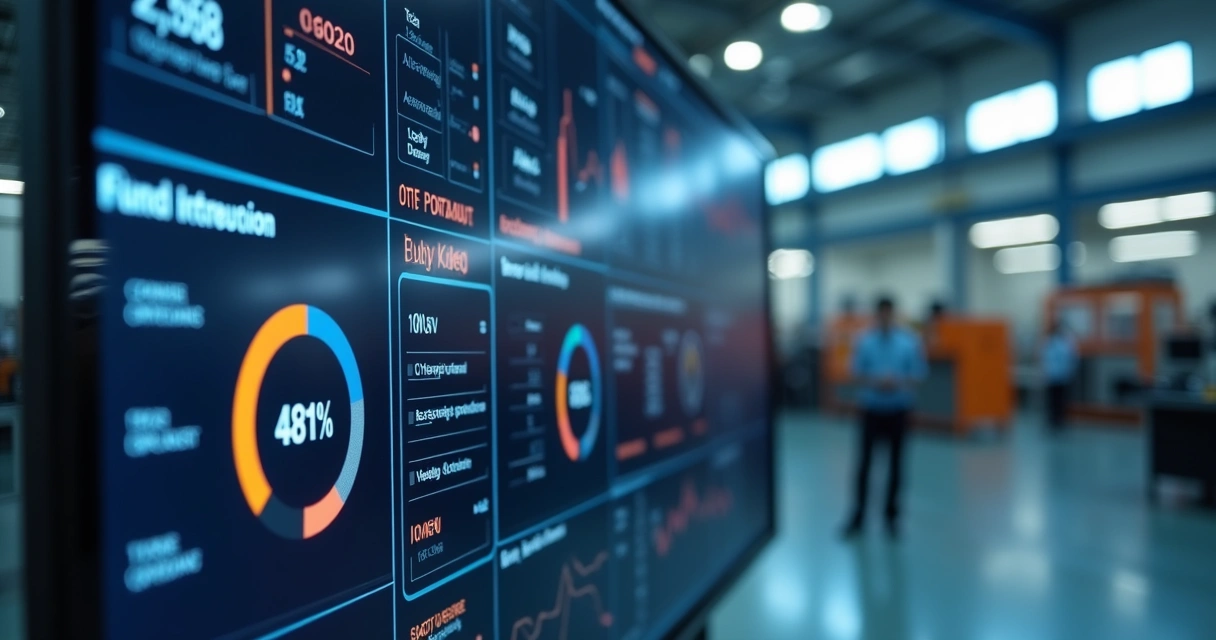 Painel digital com KPIs de produção estoque e entregas 