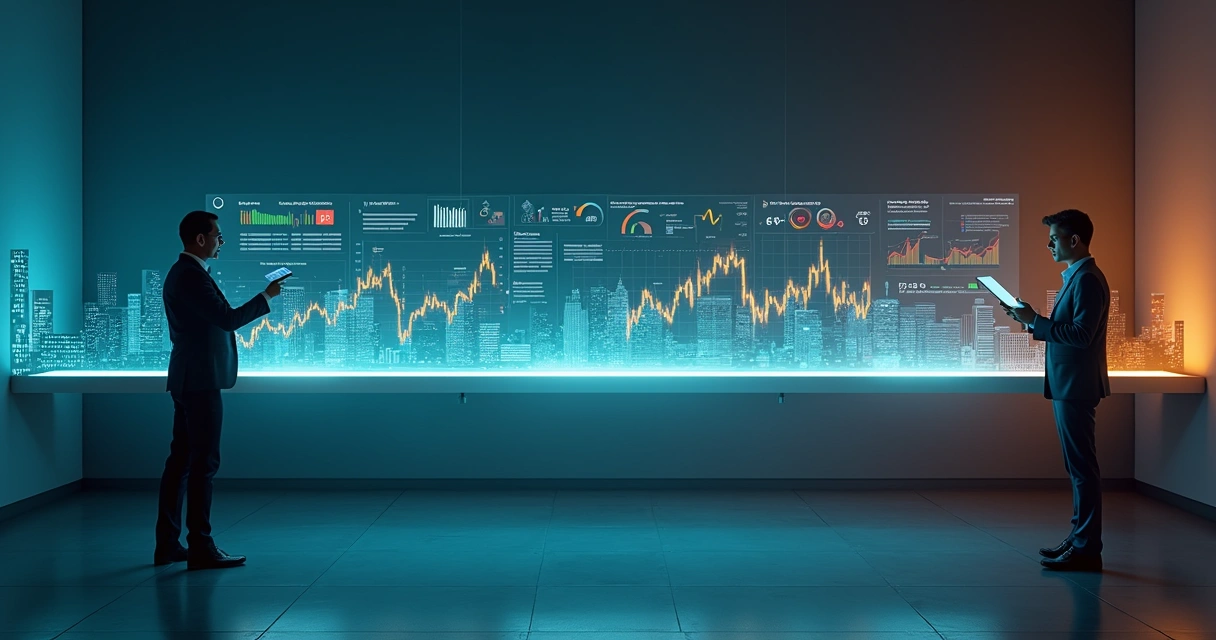 Dois profissionais ajustando painel de KPIs luminoso em formato de ponte entre empresas 