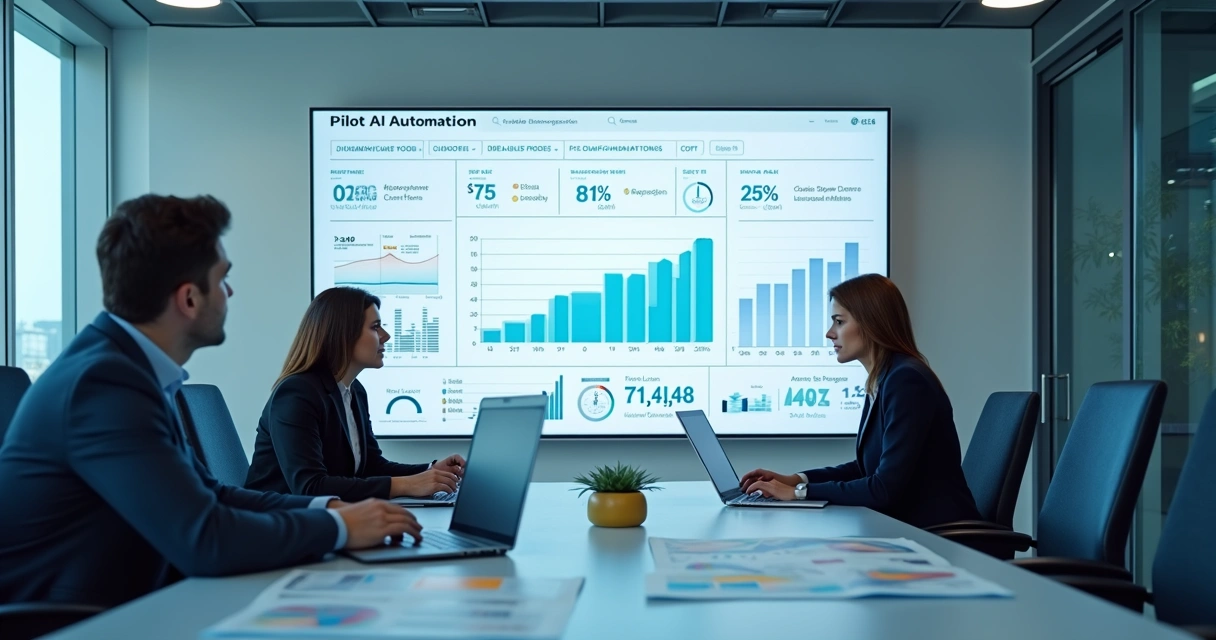 Painel com KPIs de piloto de IA em tela corporativa 