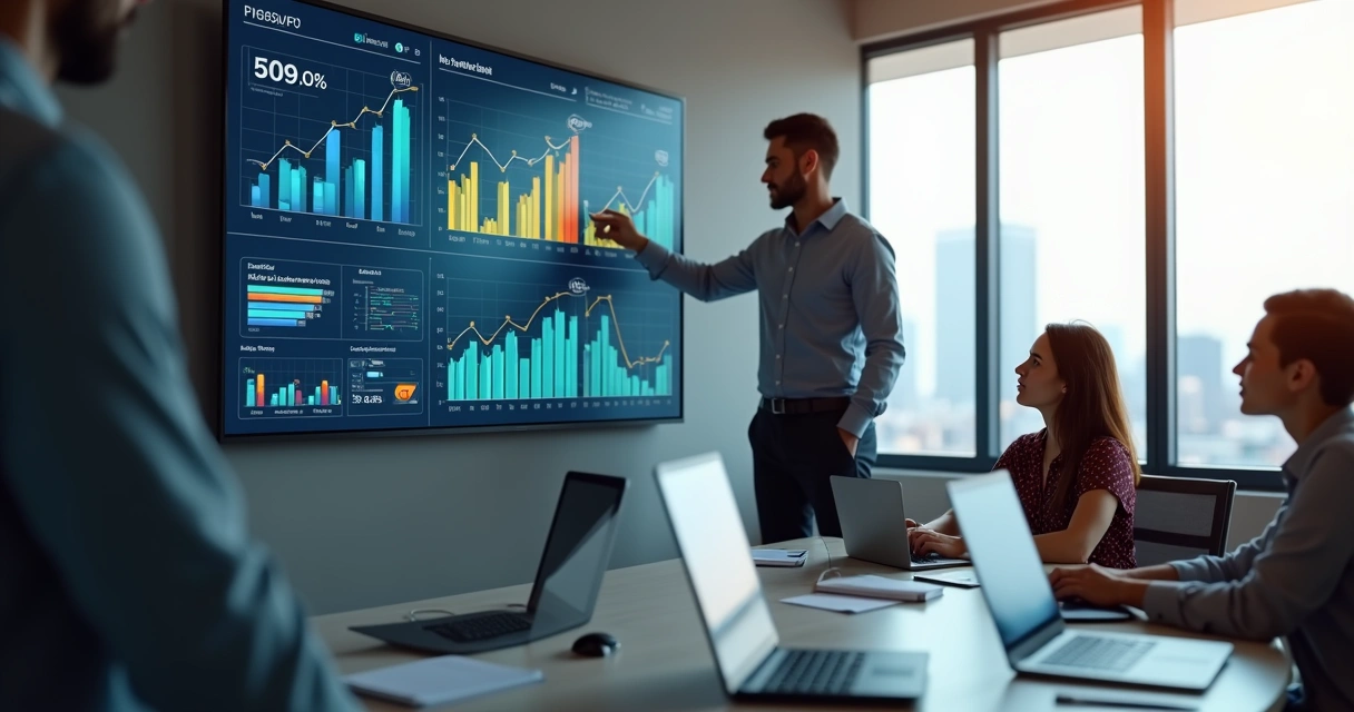 Gestor de vendas analisando painel de KPIs em tela grande com equipe ao fundo 