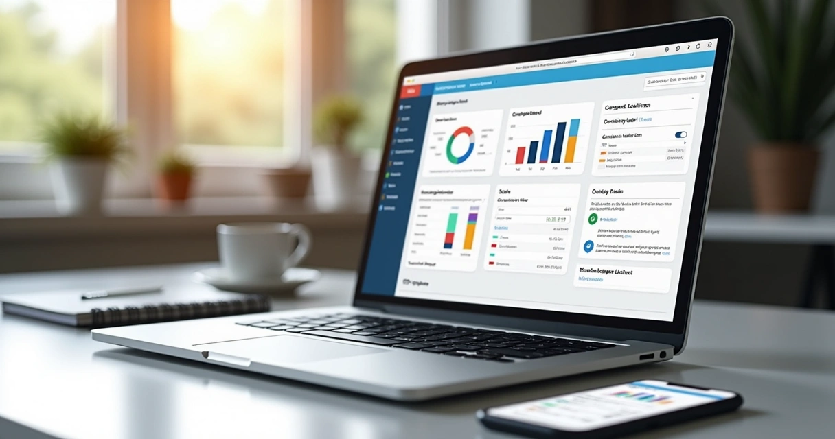 Painel de criação de landing page em notebook com gráficos e formulário 