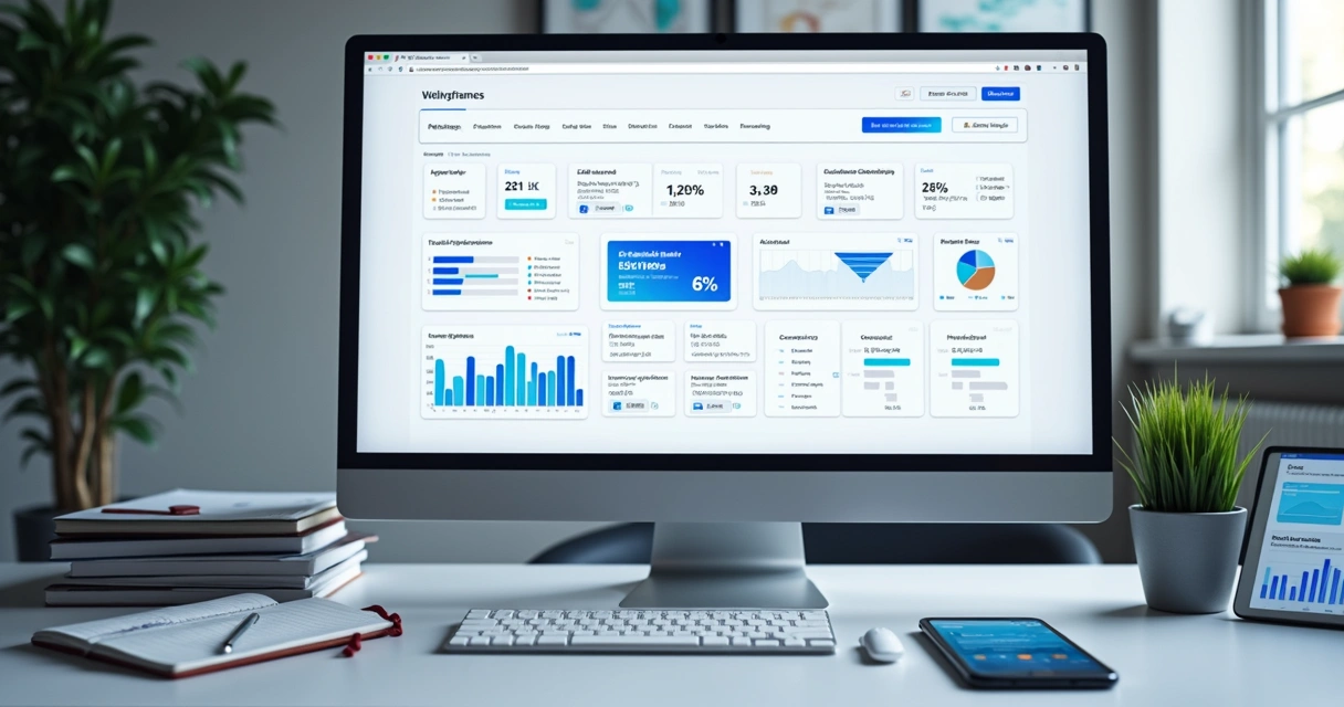 Painel com wireframe de landing page e métricas de conversão