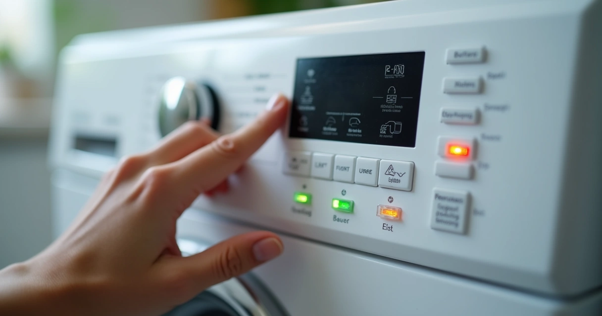Painel de lavadora com botões e luzes acesas 