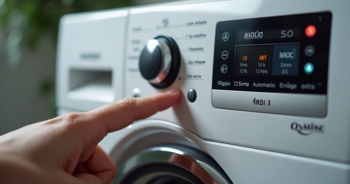 Painel digital de lavadora mostrando opções de ciclos automáticos 
