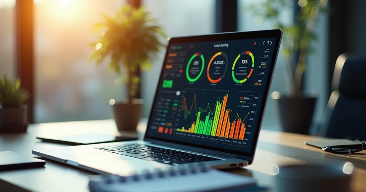 Painel digital exibindo score de leads com gráficos coloridos 