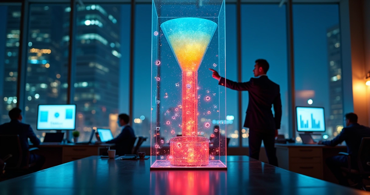 Executivo aponta para painel vertical com funil de leads colorido em escritório moderno 