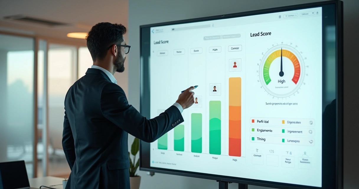 Profissional analisando painel digital de lead scoring com contatos priorizados em cores diferentes 
