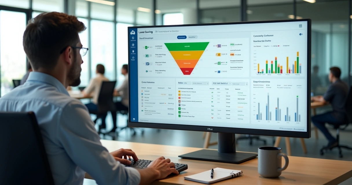Gestor de PME analisa painel de lead scoring com funil de vendas e notas de leads na tela 