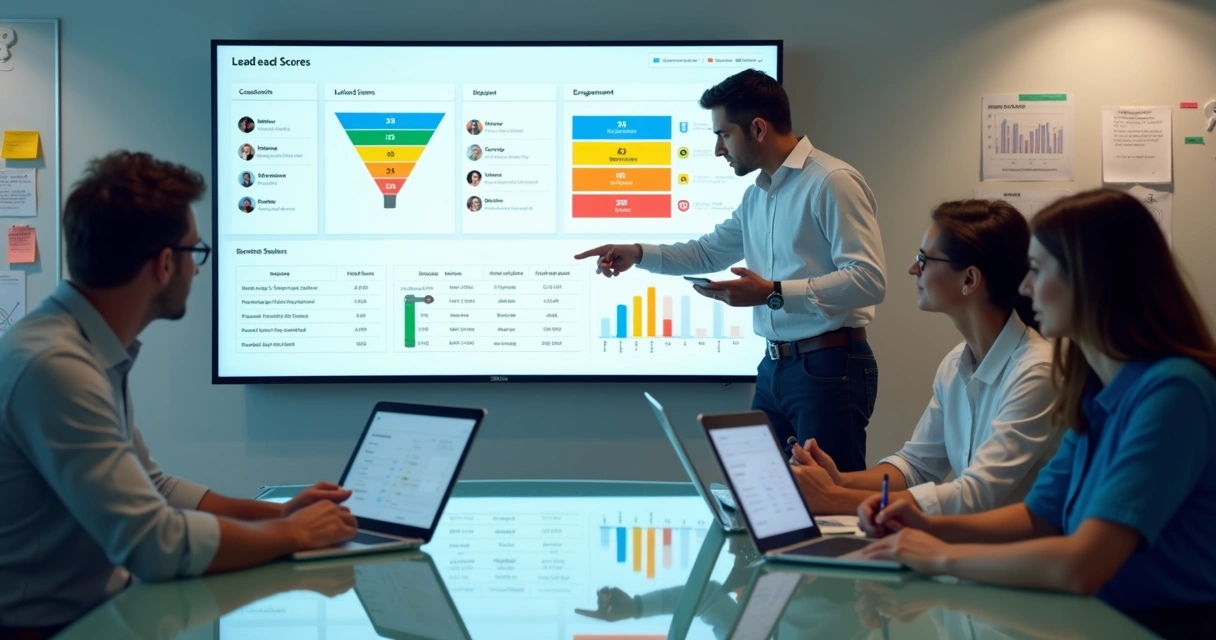Painel de lead scoring com equipe de marketing e vendas analisando pontuações de leads 