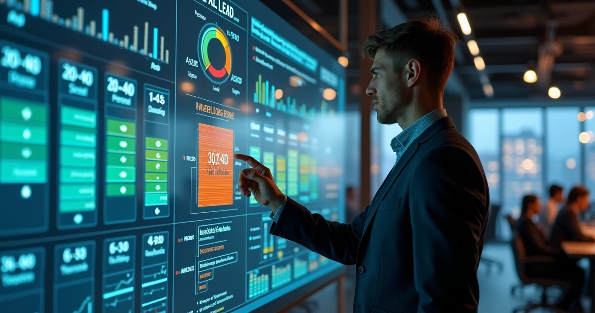 Gestor de vendas analisando painel de lead scoring com cards de leads coloridos 