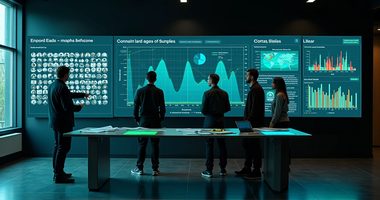Equipe observa painel de leads com falsos negativos destacados em tela gigante 