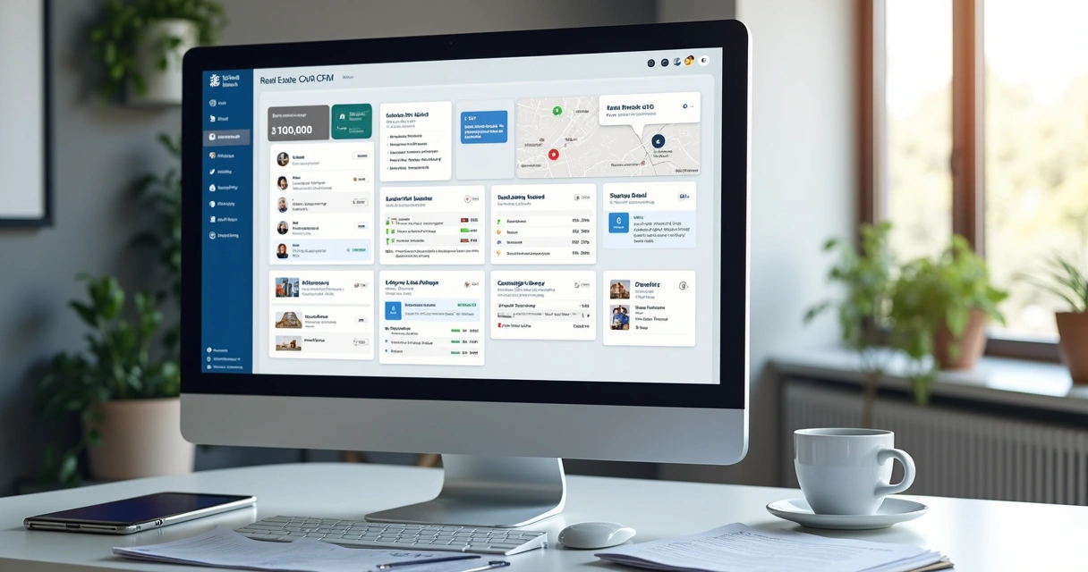 Painel de leads em sistema imobiliário com funil e imóveis cadastrados 