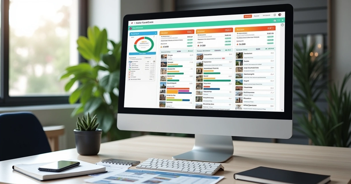 Painel de CRM com leads e imóveis em tela 