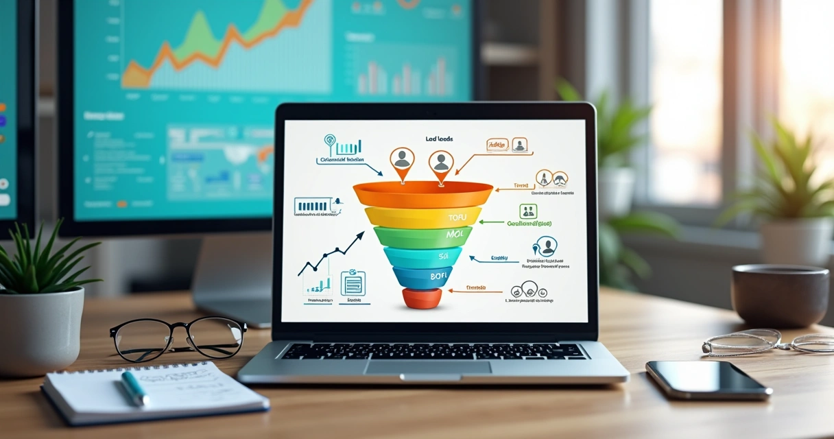 Painel de marketing digital mostrando funil de leads em laptop sobre mesa de trabalho 