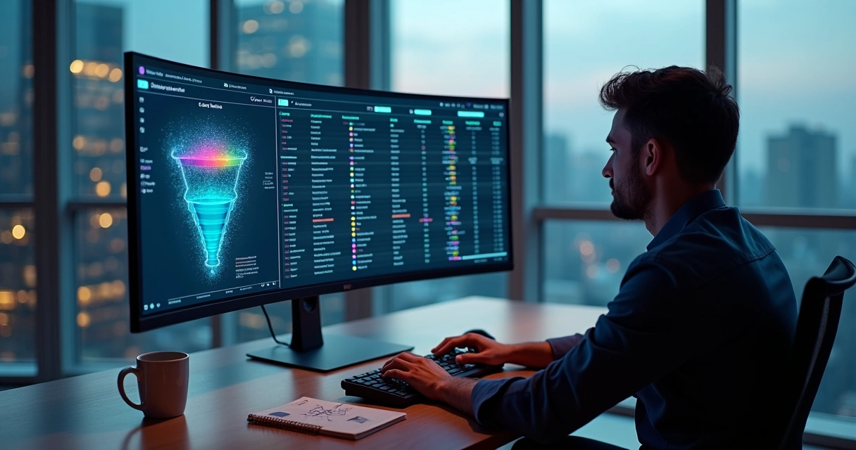 Profissional analisando painel digital com funil de leads B2B segmentados 