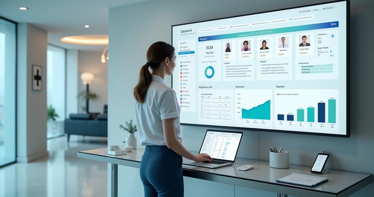 Gestor de clínica analisa painel digital com leads qualificados 