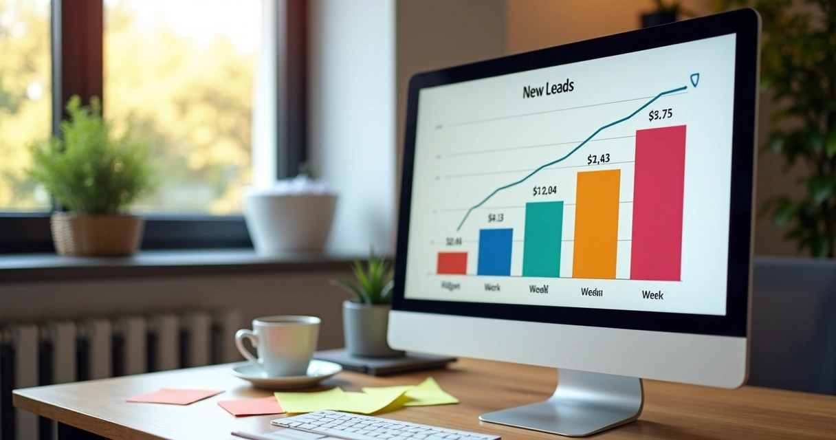 Painel de vendas mostrando geração de leads em gráfico de barras. 