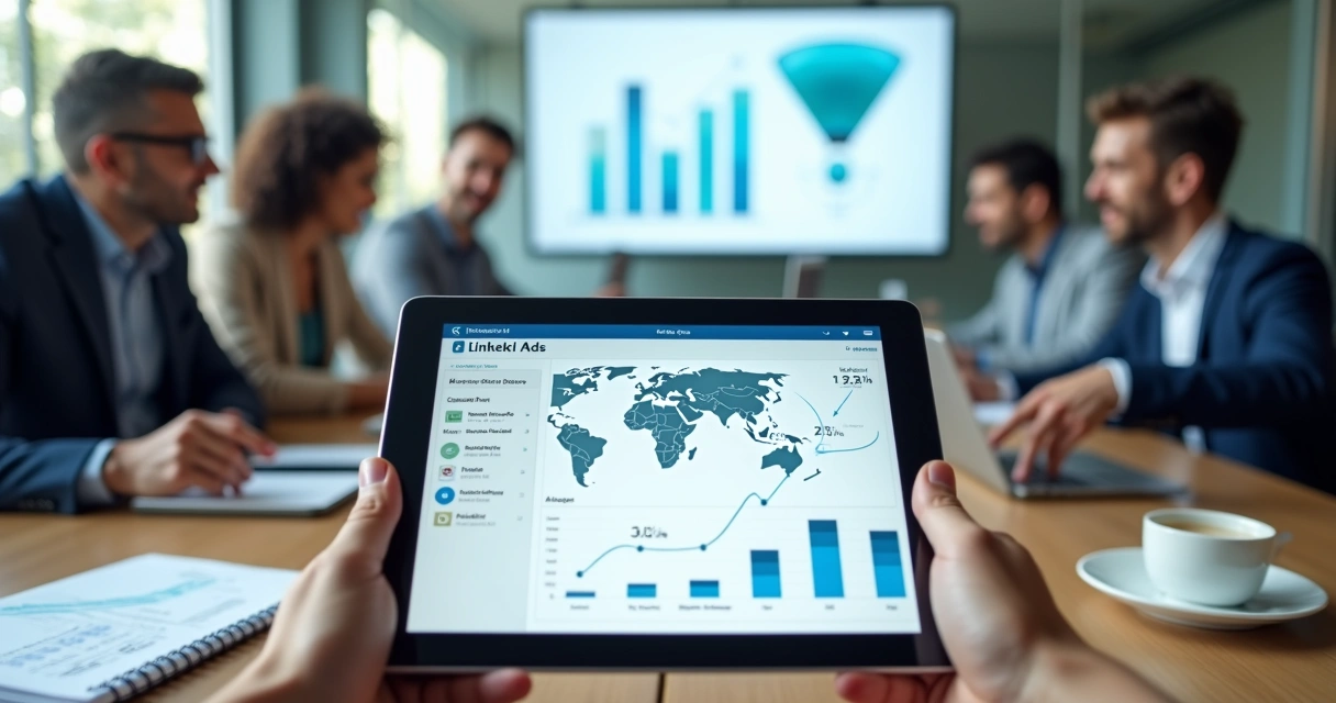Profissional mostra em tablet um painel de campanhas B2B do LinkedIn Ads 