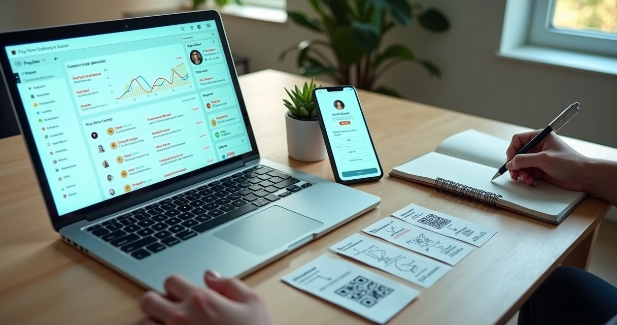Profissional ajustando painel digital com vários links curtos e QR code ao centro 