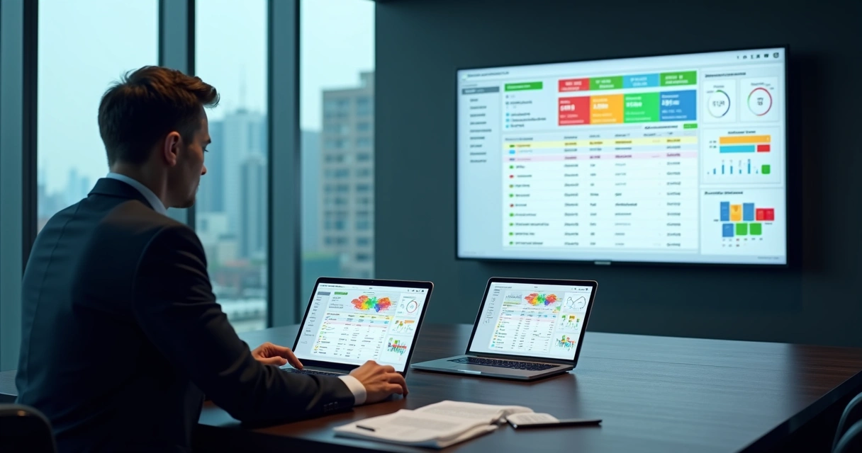 Gestor analisando painel digital com lista segmentada de empresas B2B 