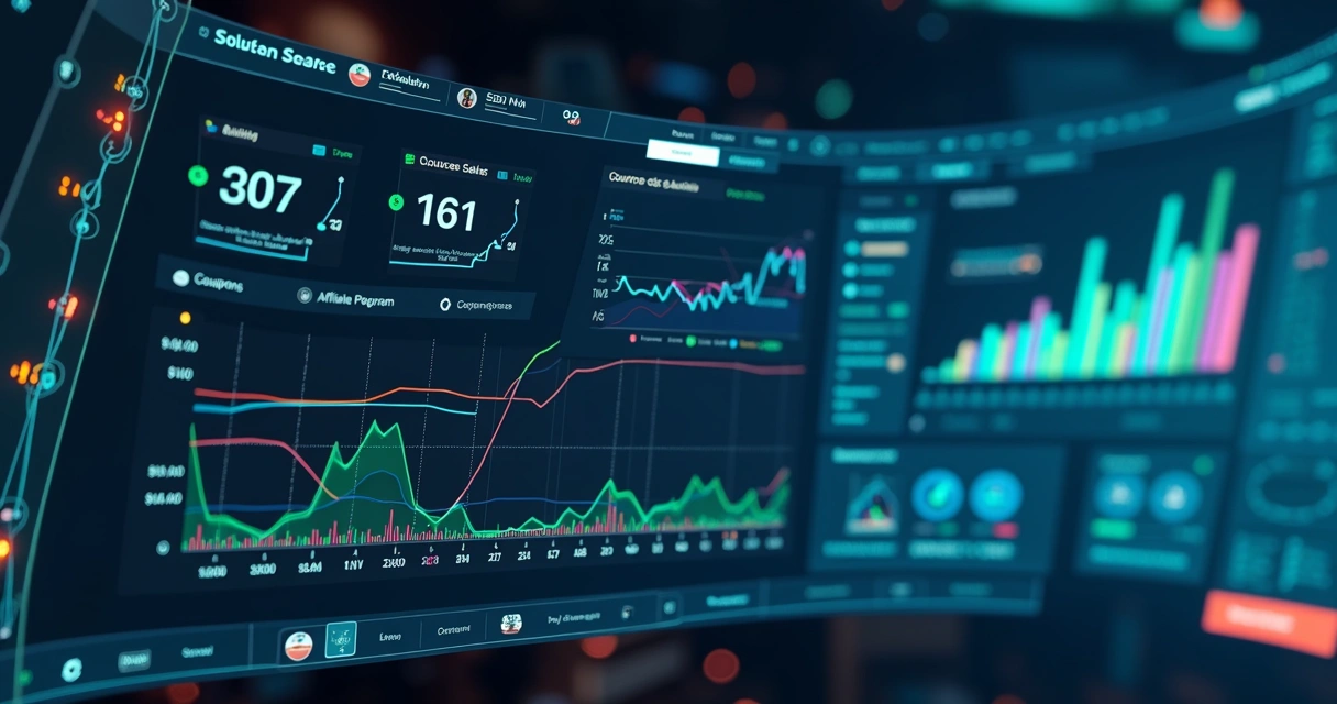 Painel de cursos com estatísticas de vendas e ferramentas de monetização 