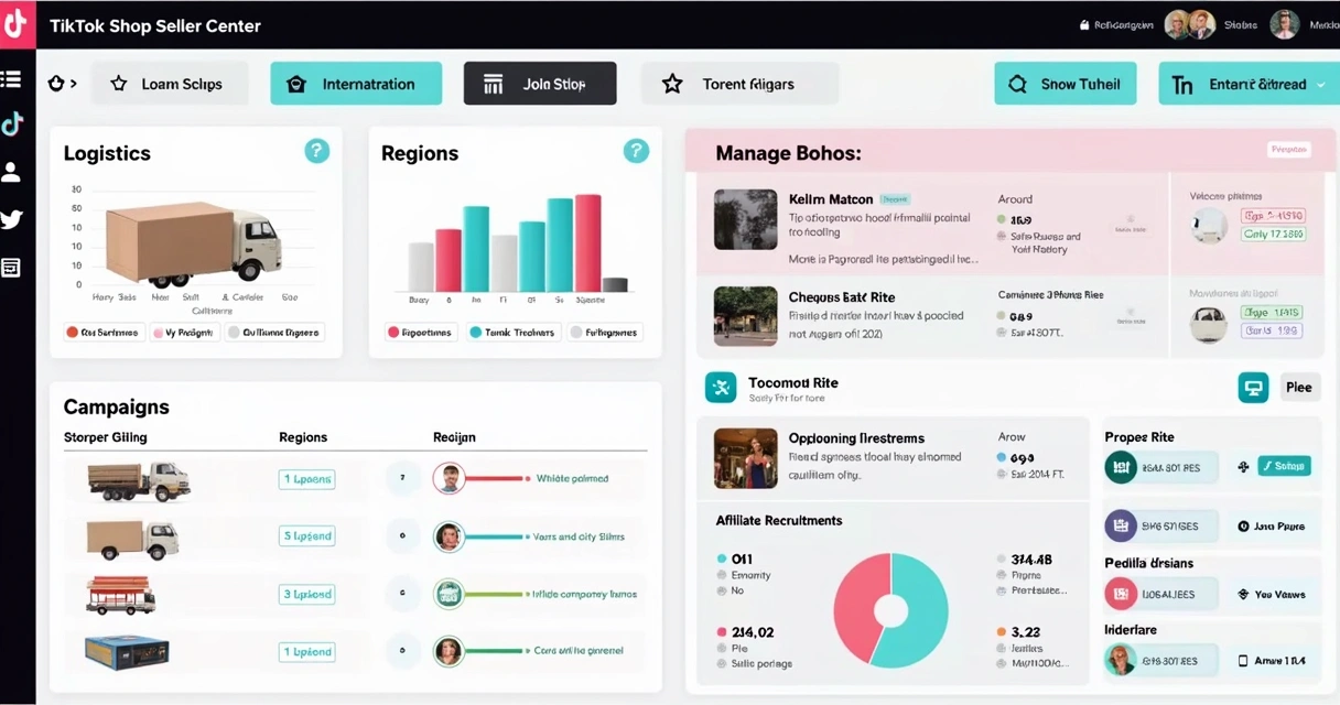 Painel de Seller Center exibindo configuração de logística e campanhas de live no TikTok Shop 