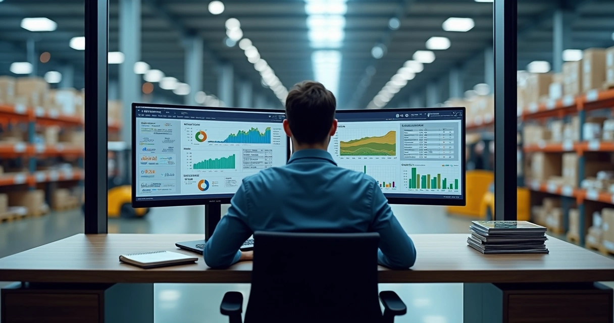 Gestor analisando painel logístico em monitor 