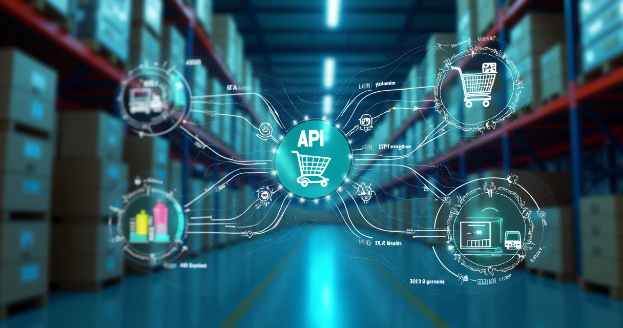 Painel digital mostrando integração de APIs em logística, com conectores entre marketplace, ERP e centro logístico 