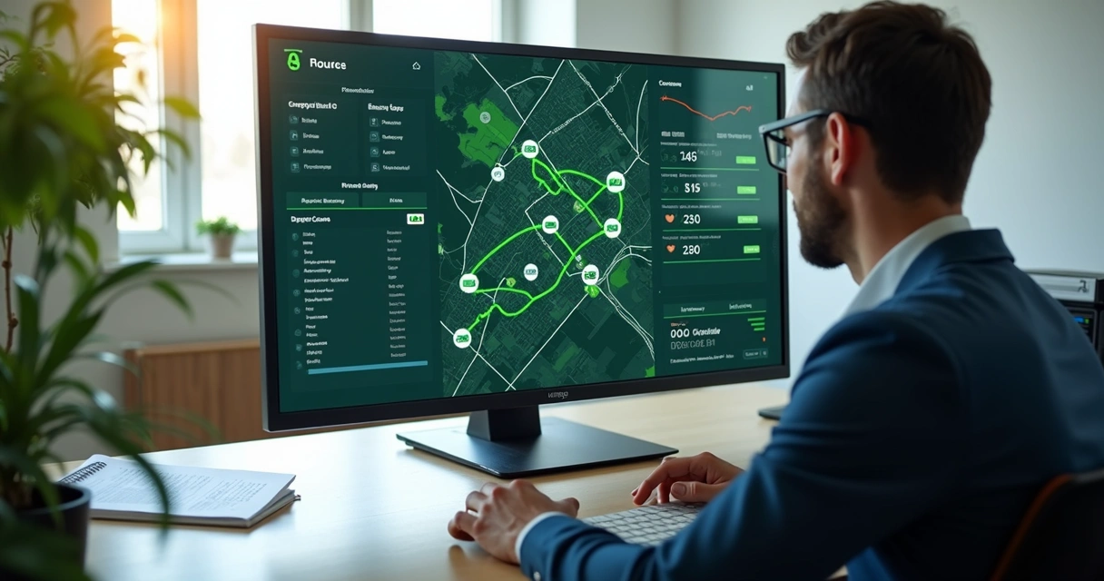 Painel logístico com mapa urbano e rotas verdes 