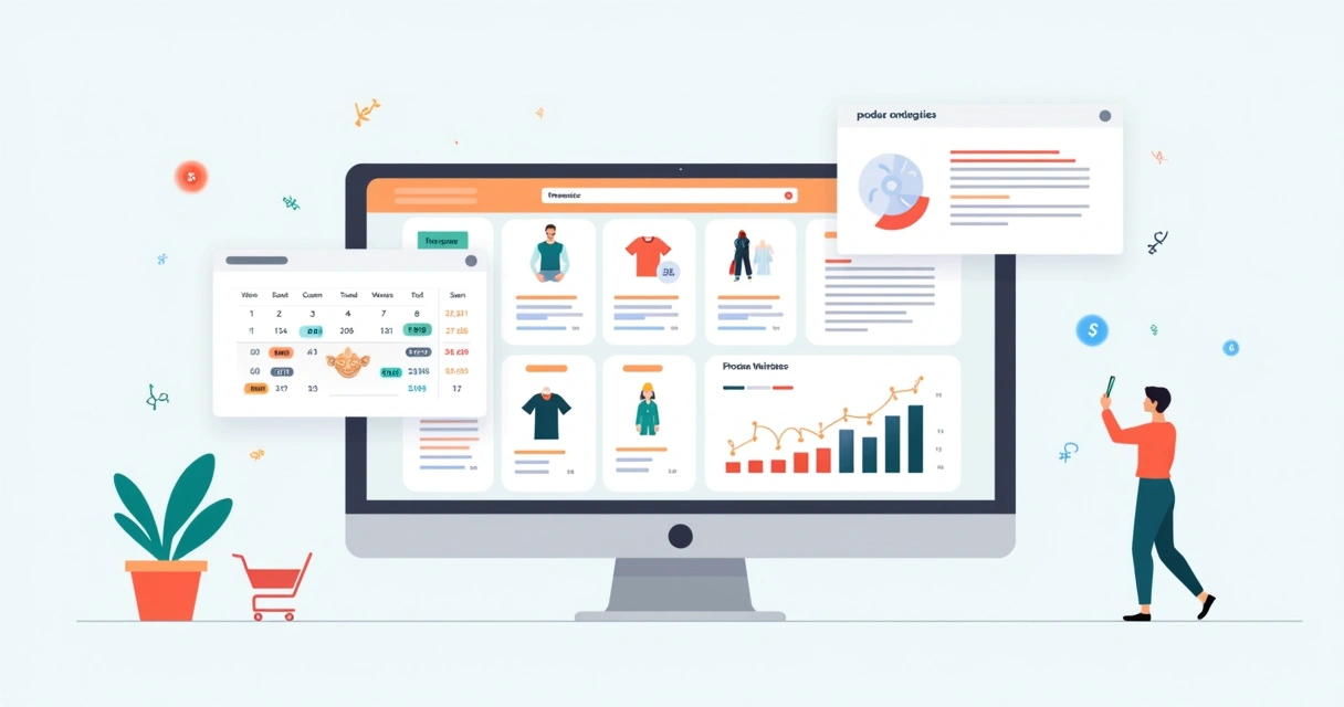 Ilustração de um painel de loja online com calendário, categorias de produtos e ferramentas de gerenciamento.