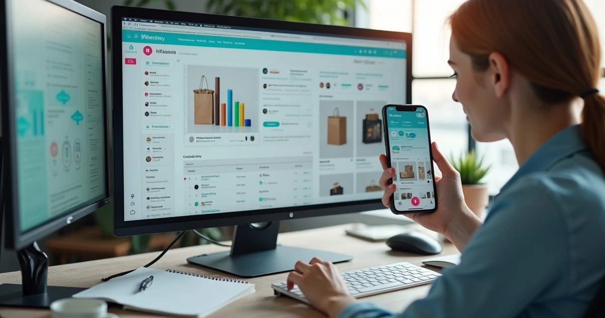 Painel de vendedor com celular, produtos e métricas