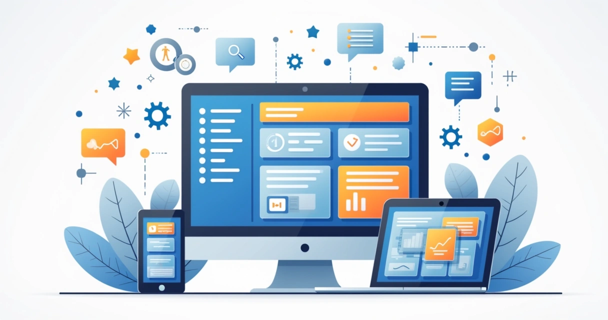 Painel digital mostrando ferramentas low code com widgets coloridos