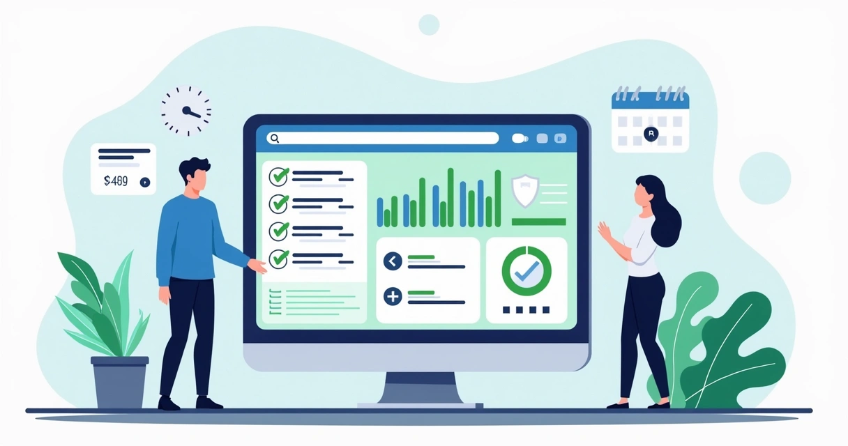Painel de manutenção de site com checklist, gráficos e alertas