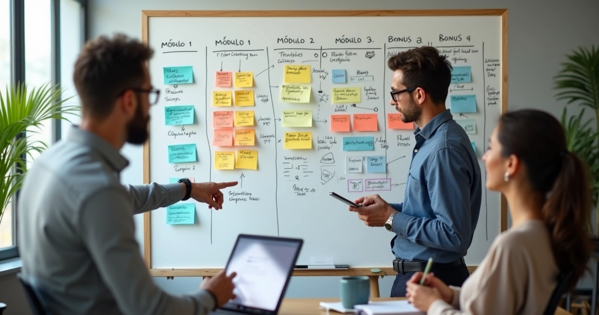 Quadro branco com mapa visual de módulos de curso online organizado em cartões coloridos 