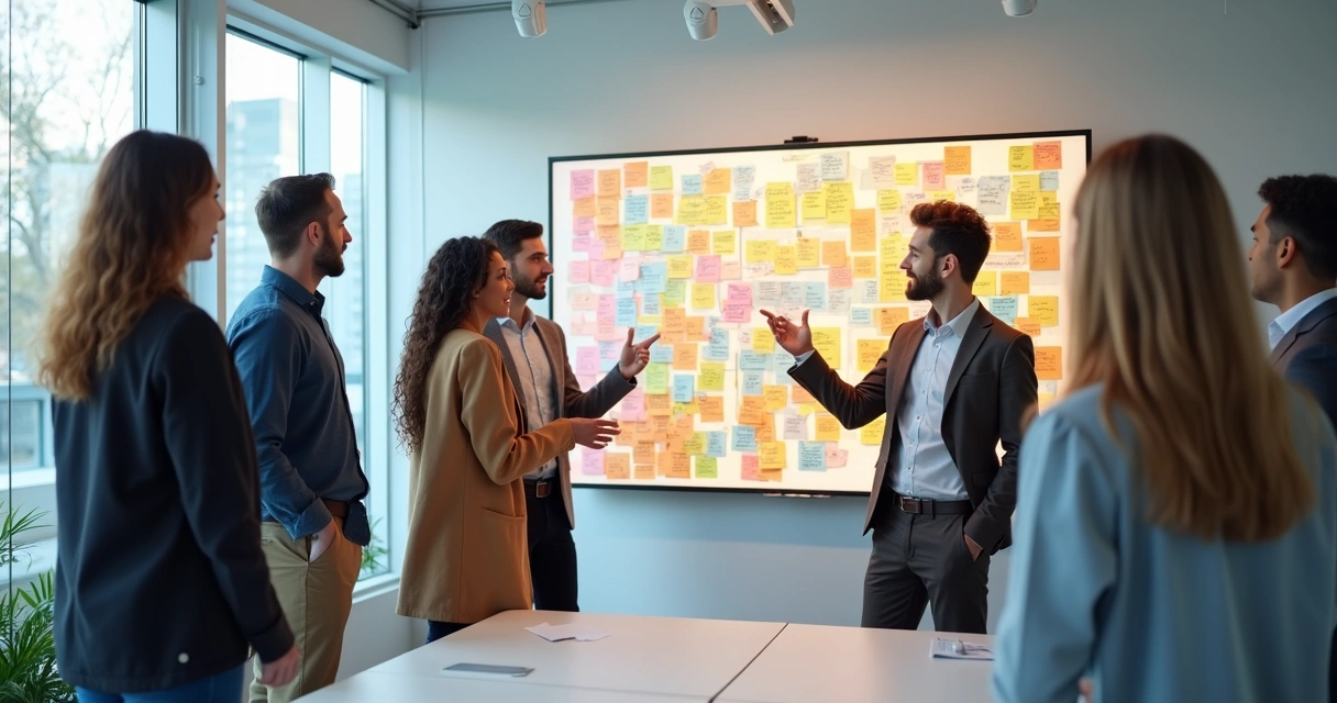 Time reunido ao redor de painel colorido com mapas de empatia 
