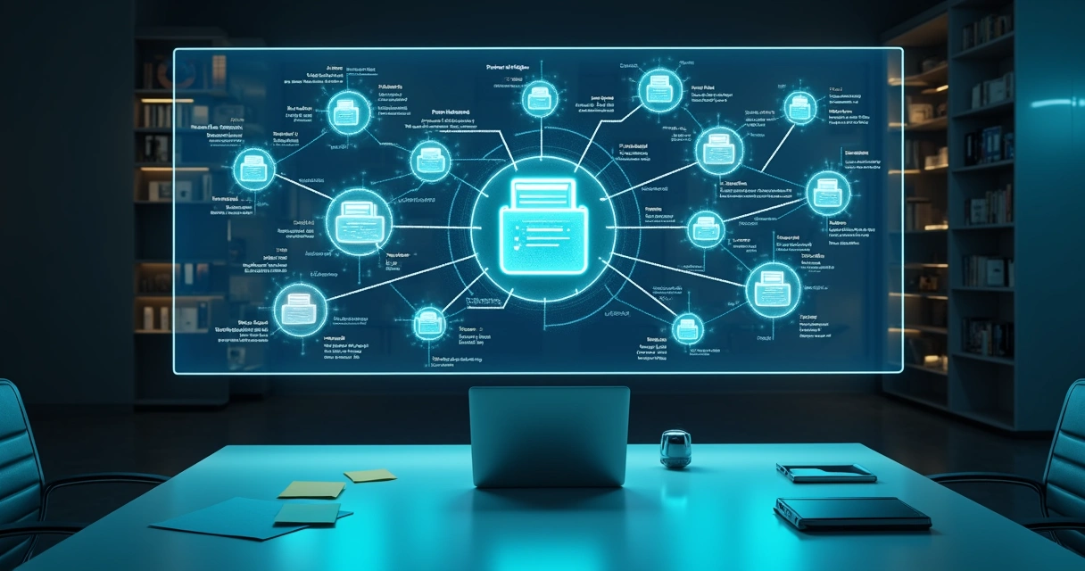 Painel digital em forma de mapa mental conectando documentos digitais por metadados 