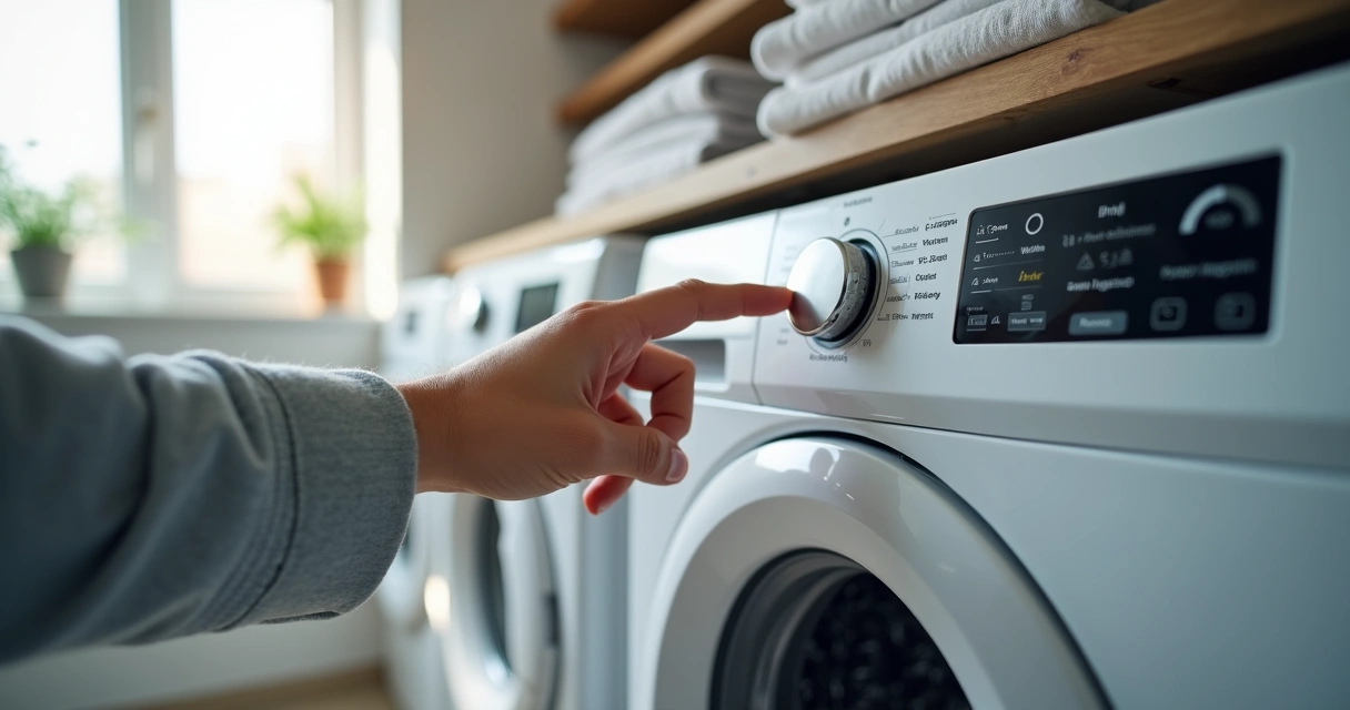 Mão operando painel touch de máquina de lavar inverter 
