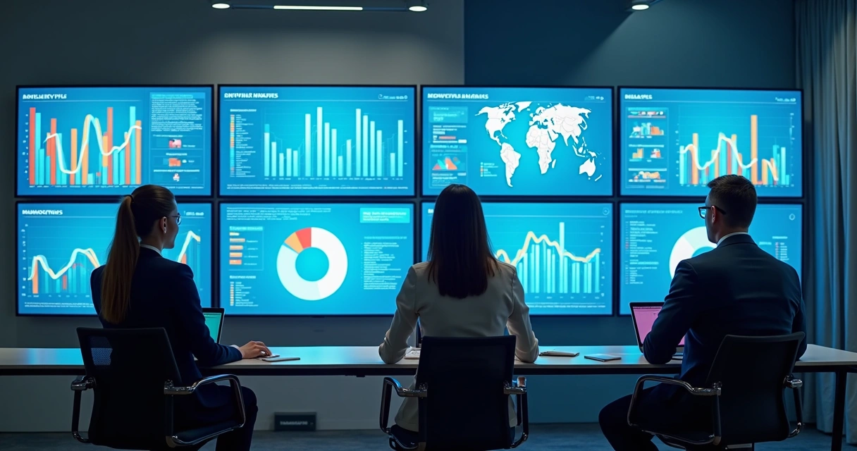 Painel de gestão de marketing de clínica odontológica com gráficos em telas e profissionais analisando resultados.