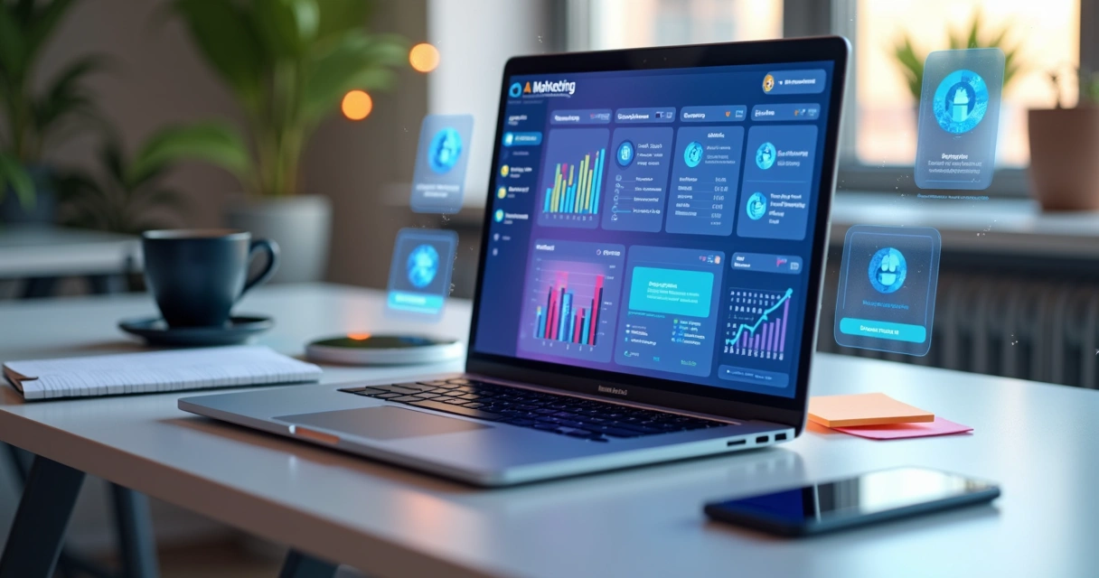 Painel com gráficos de marketing e interface de inteligência artificial 